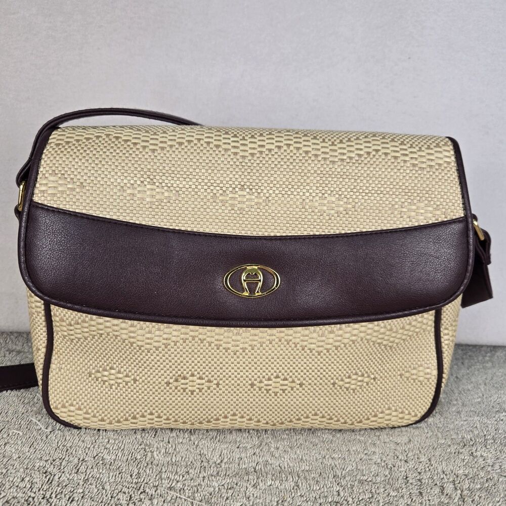 Vtg Etienne Aigner Woven Straw Faux Leather Crossbody Bag Purse Brown Cream 10x9